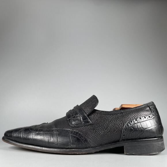 Paul Fredrick Mens 11 M Black Leather Alligator Embossed Penny Loafer Dress Shoe